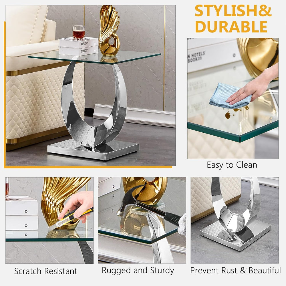 Modern Square End Table for Living Room, Tempered Glass Top & Moon Shape ...