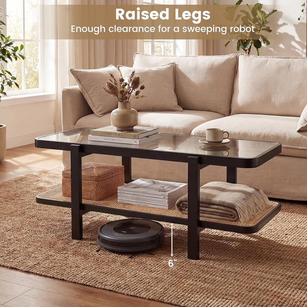 GOFLAME Rattan Coffee Table, 47.5” Solid Wood Center Table with Tempered Glas...