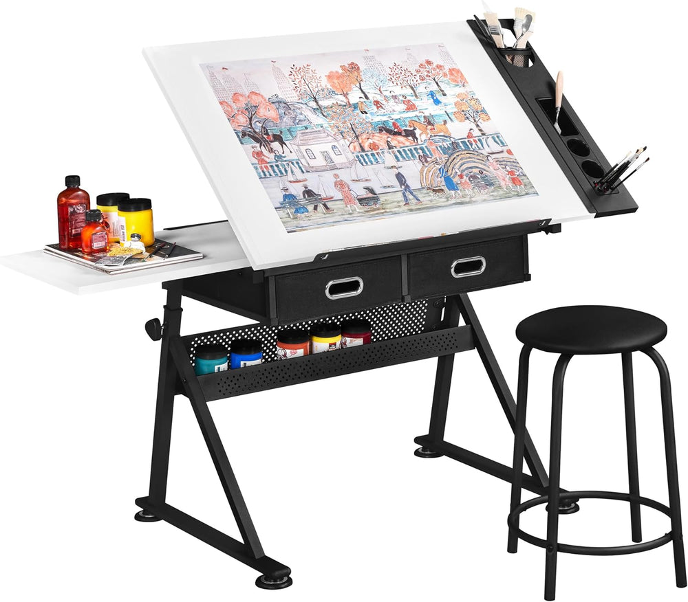 Yaheetech Adjustable Drafting Table Art Desk,Storage Drawers & Stool,Whit...