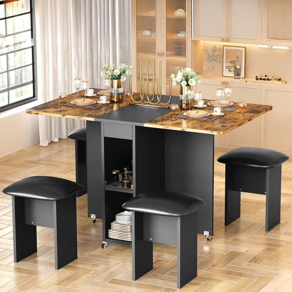 furlinkhm Folding Dining Table Set for 4, Dinner Table with 4 Leather Chairs ...
