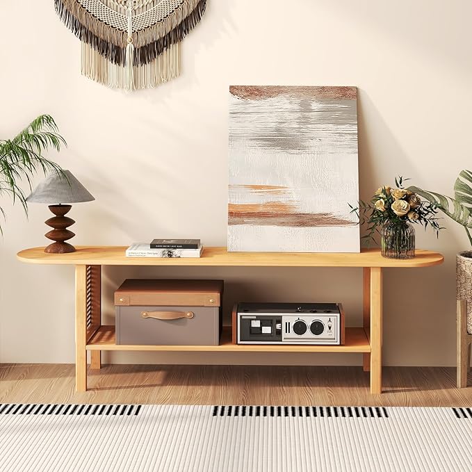 HollyHOME Bamboo TV Stand with Storage for TVs up to 65", Modern Enterta...