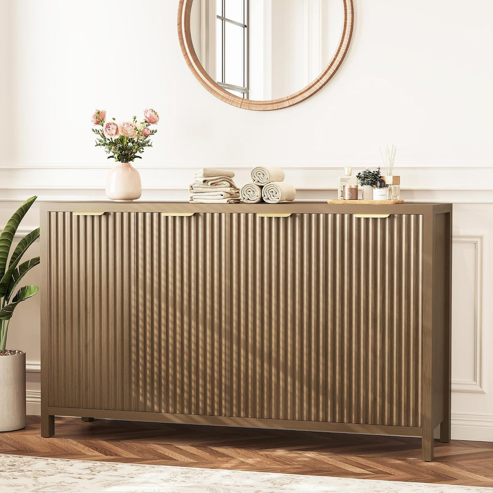 Fluted Buffet Cabinet with Storage, 55" Sideboard Cabinet with 4 Doors, ...