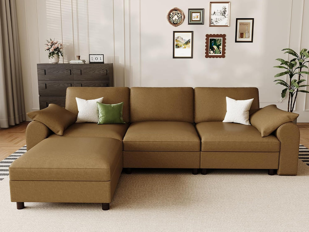 EASE MOOSE Leather Sectional Couch, L Shaped Modular Sectional Sofa, Brown | ...