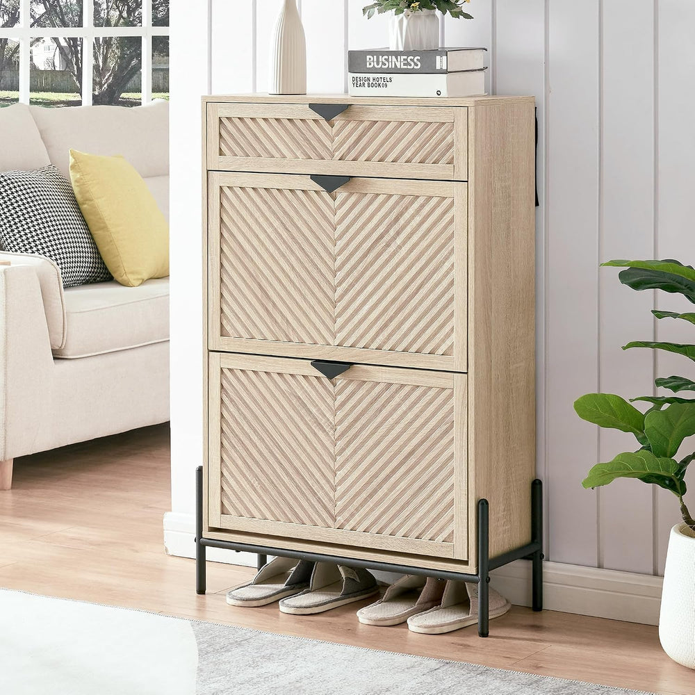 Shoe Cabinet with 2 Flip Drawers, Narrow Entryway Rack, Oak