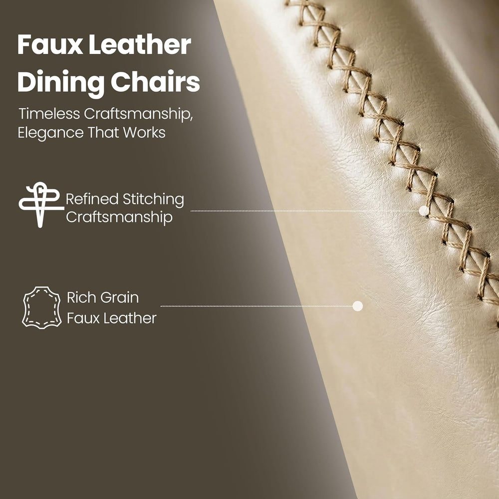 Set of 4 Mid-Century Modern Dining Chairs, Beige Faux Leather Upholstered Kit...