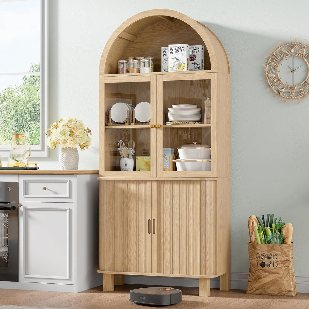 69" Tall Kitchen Pantry Storage Cabinet with Sliding Door, Modern Curved...