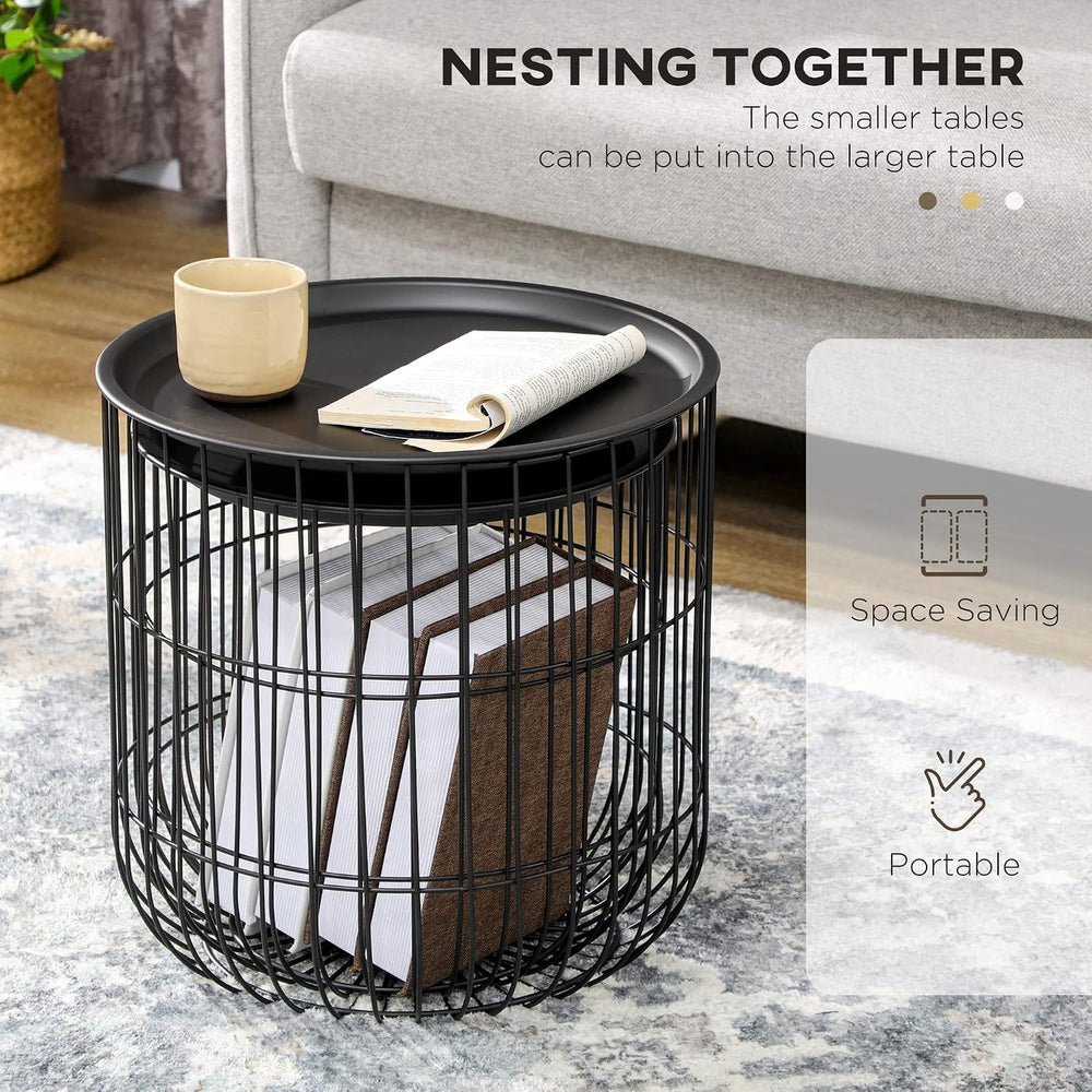 HOMCOM Nesting Coffee Tables Round Wire Basket Table Set of 2 Black | Removab...