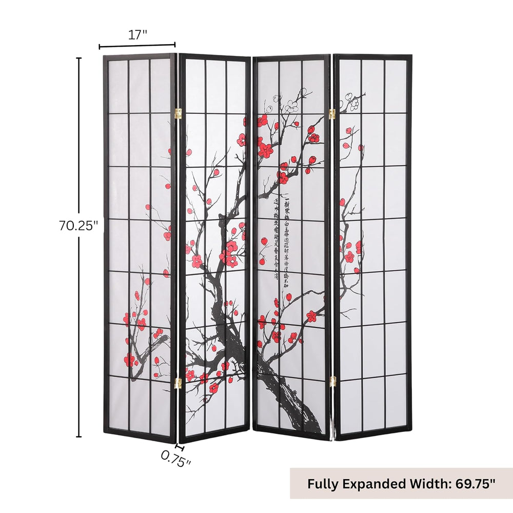Roundhill Furniture Black Japanese 4-Panel Screen Room Divider, Plum Blossom