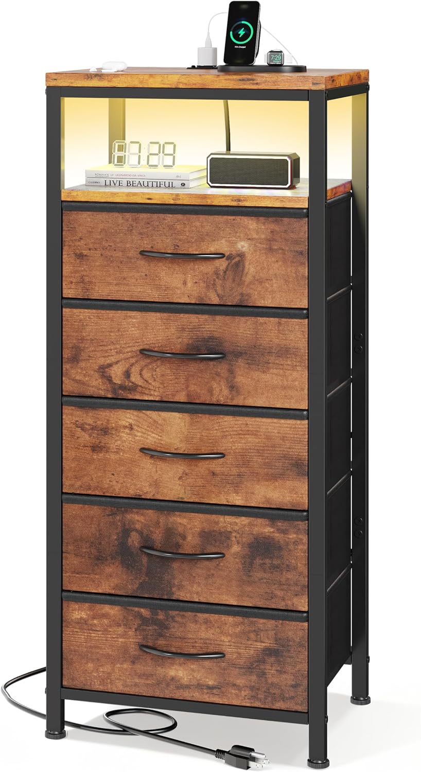 Sweetcrispy Nightstand with Charging Station 5 Fabric Drawers Bedside Table |...