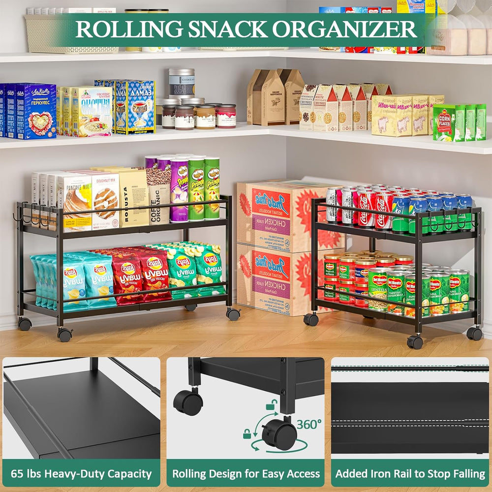 2-Tier Expandable Rolling Pantry Cart with Wheels, Adjustable Floor Organizer...