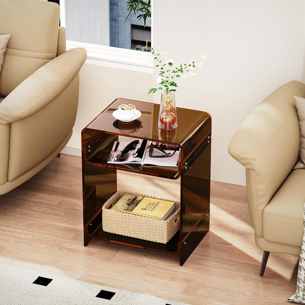 Acrylic End Table Record Player Table with Storage Shelf Clear Side Table Nig...