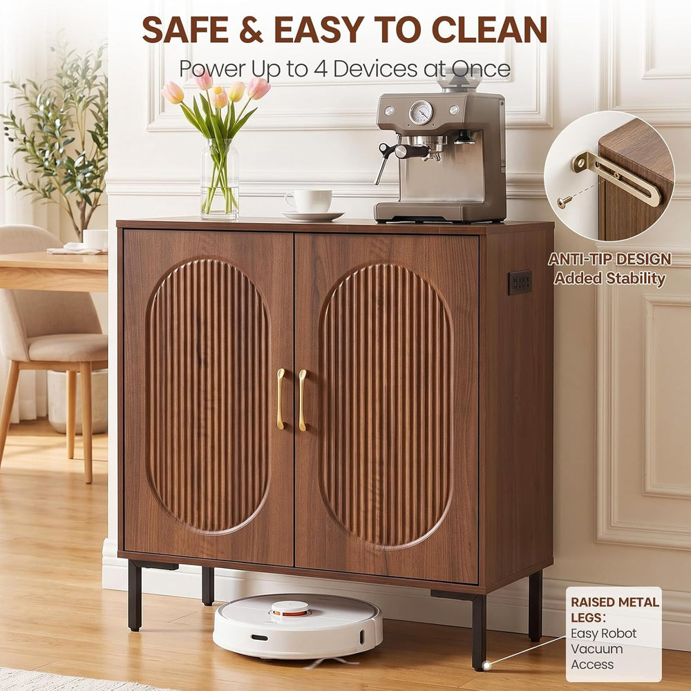Fluted Buffet Cabinet with Charging Station and 2 Doors