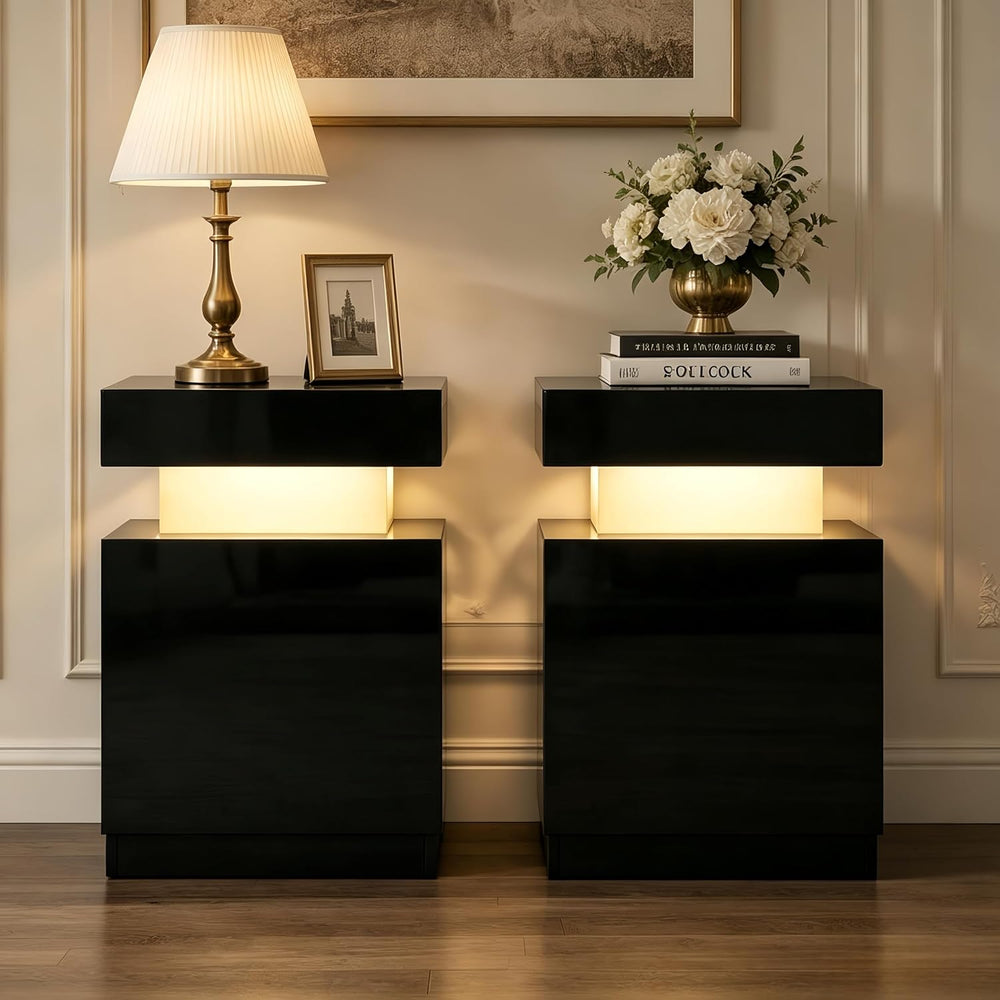 Nightstand Set of 2, Night Stands with LED Lights, Bedside Table End Side Tab...
