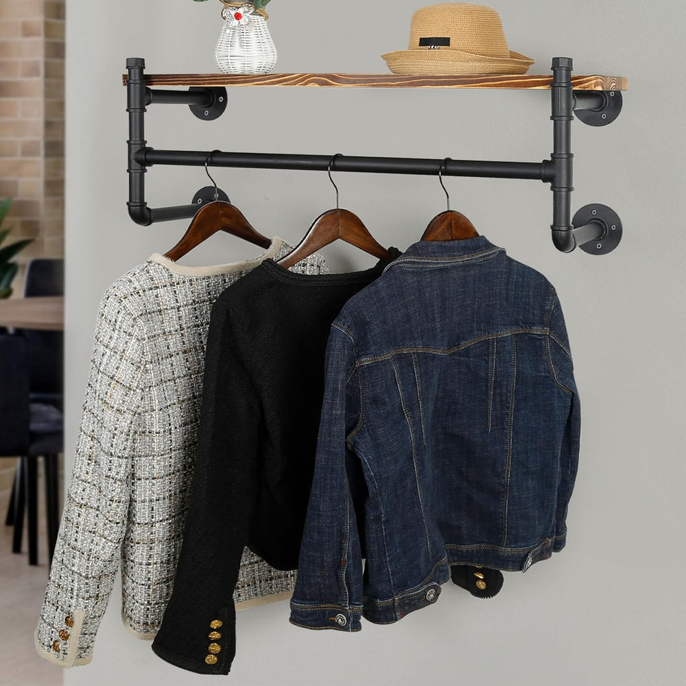 WEBI Wall Mounted Clothes Rack with Shelf,32" Industrial Pipe Clothing R...