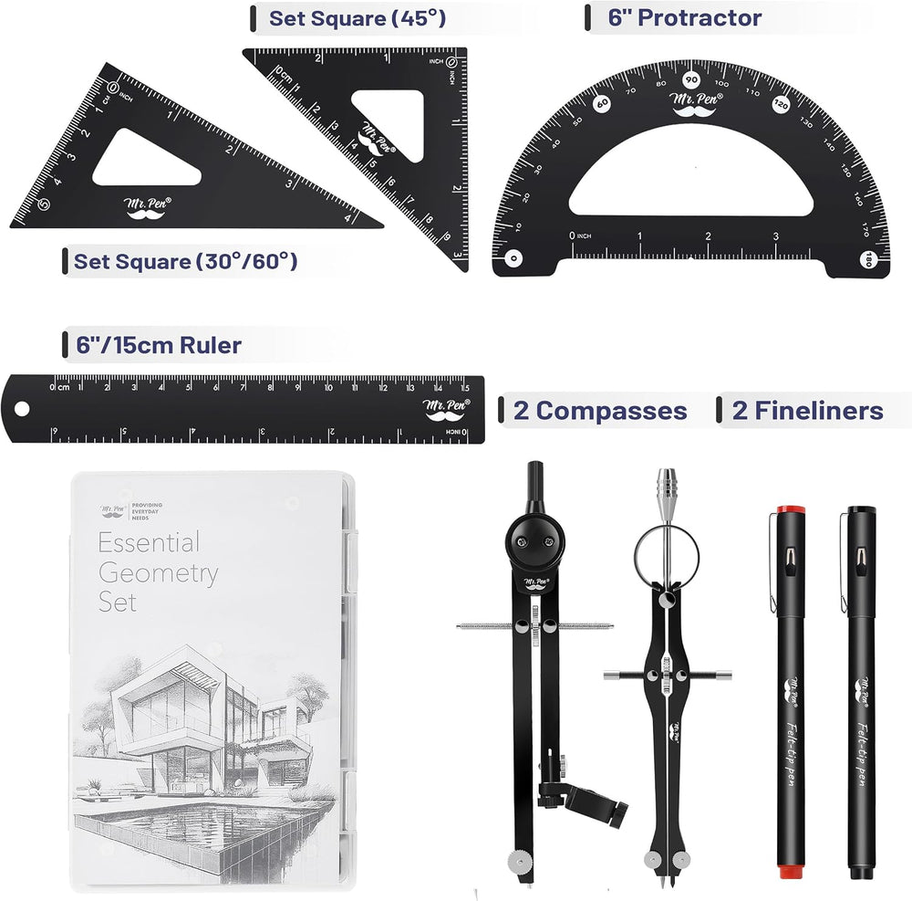 Mr. Pen- Professional Geometry Set, 15 pcs, Drafting Tools with Protractor