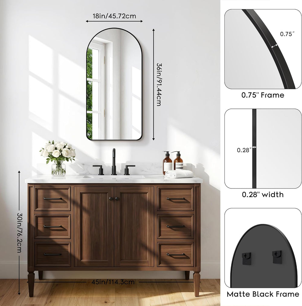 BONEWEI Arched Wall Mirror,18x36 inch Black Arched Mirror Bathroom,Vanity Mir...
