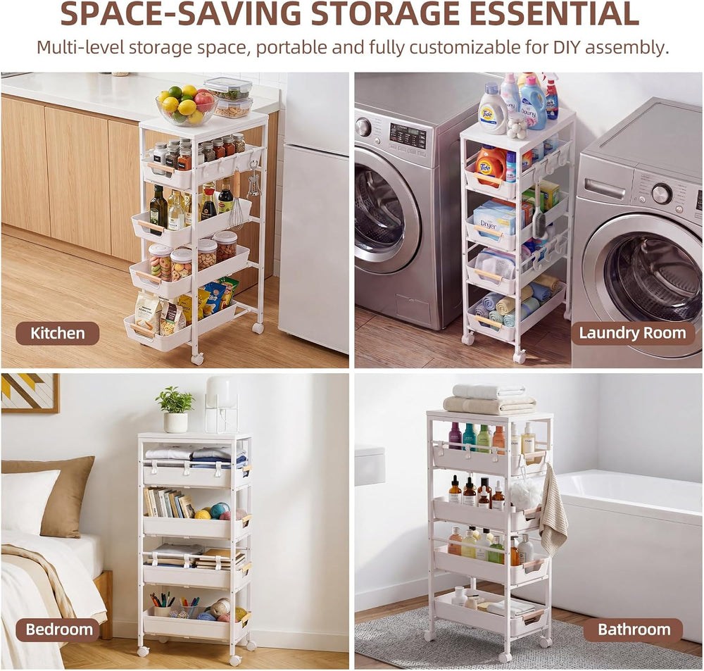 5 Tier Slim Rolling Storage Cart with Pull-Out Drawers,Narrow Utility Organiz...