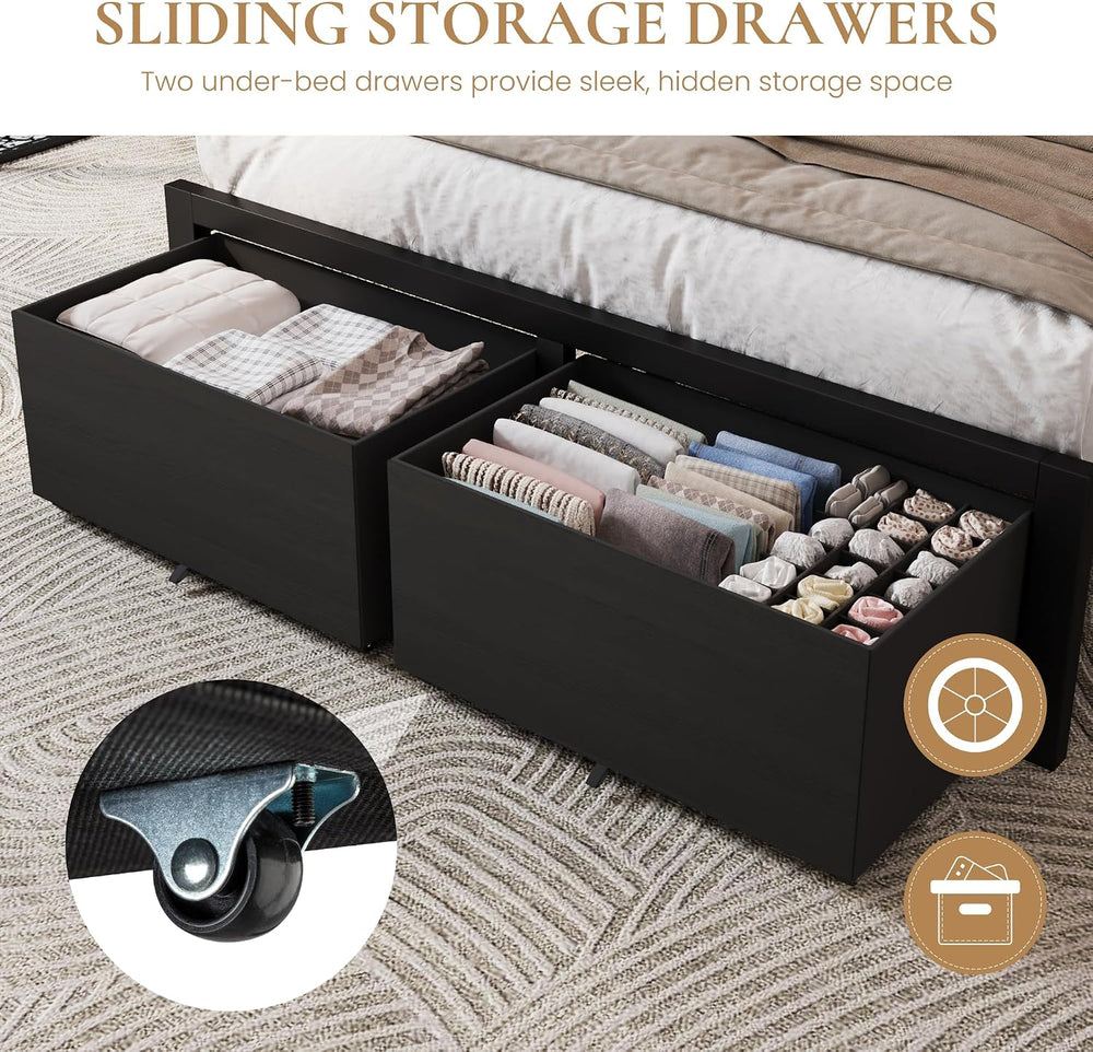 SHA CERLIN Queen Led Bed Frame, 2 Storage Drawers, Charging Station, Black