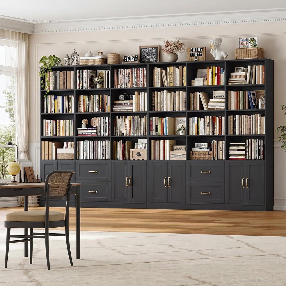 HOSTACK 71" Tall Triple Wide Bookshelf with Storage Drawers & Doors,...