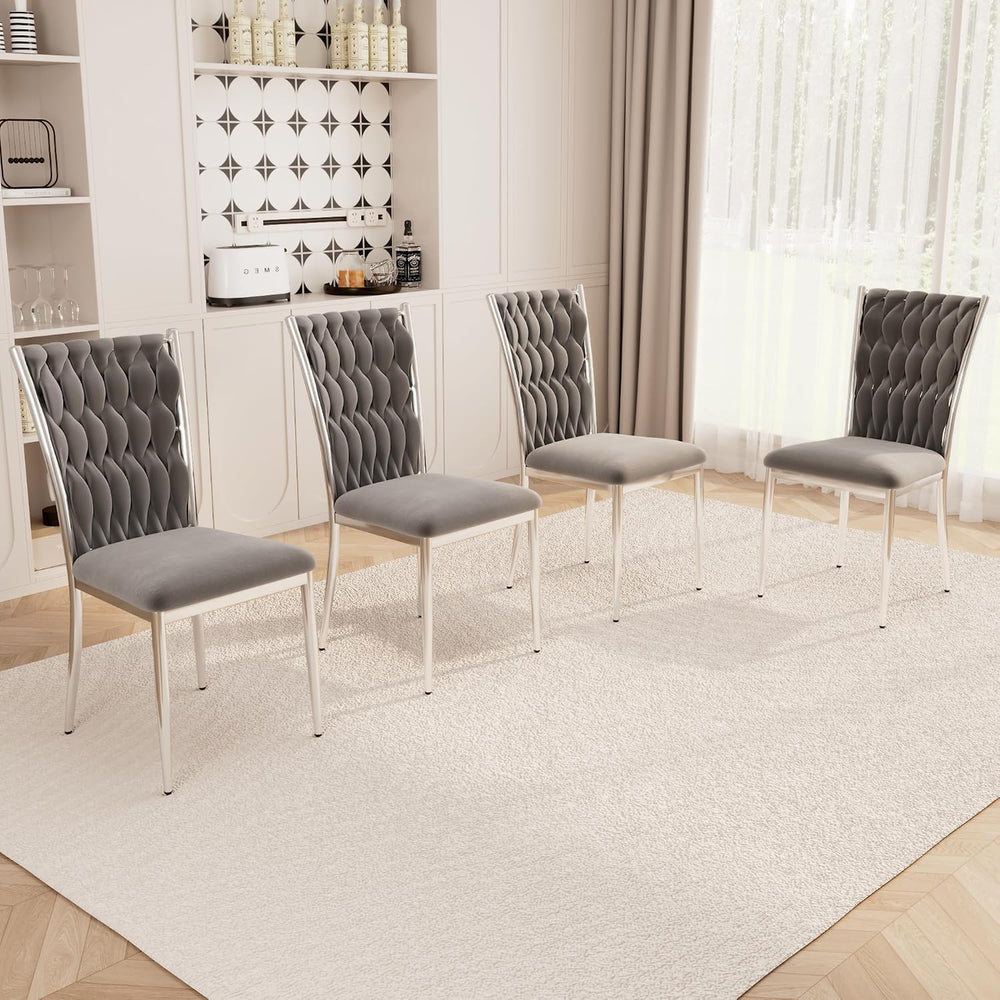 Velvet Dining Chairs Set of 4, Modern Woven Kitchen Chairs with Silver Metal ...
