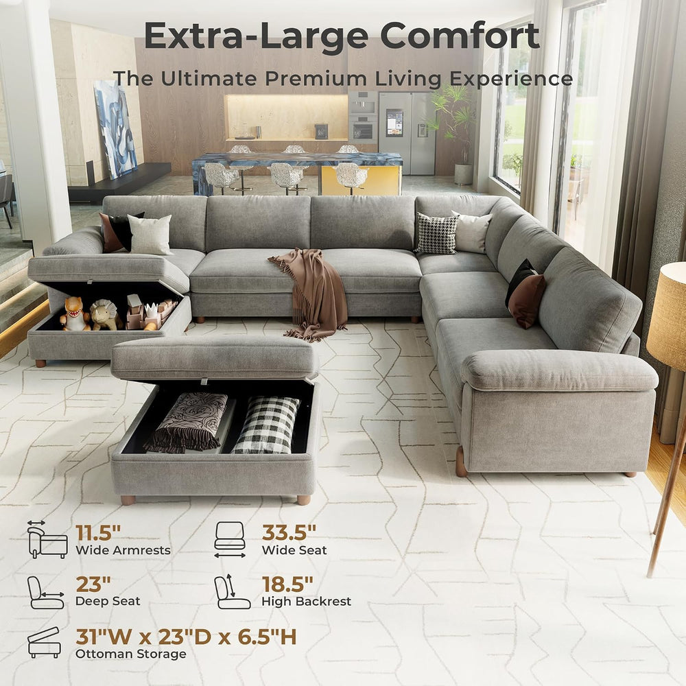 SITJOY Cloud Couch Sectional, 6 Seater V-Shaped, Chenille in Light Gray | Det...