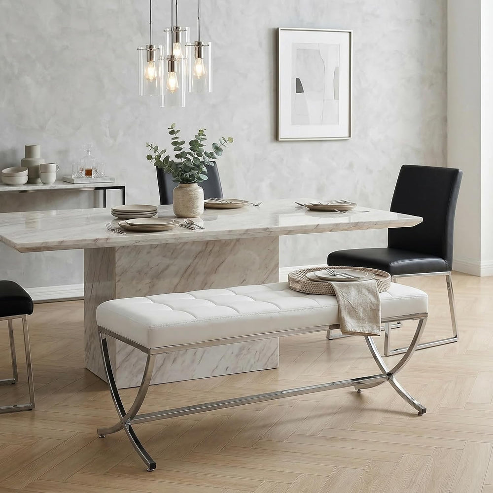LukeAlon Modern PU Leather Dining Bench, White | Button Tufted Ottoman Bench,...