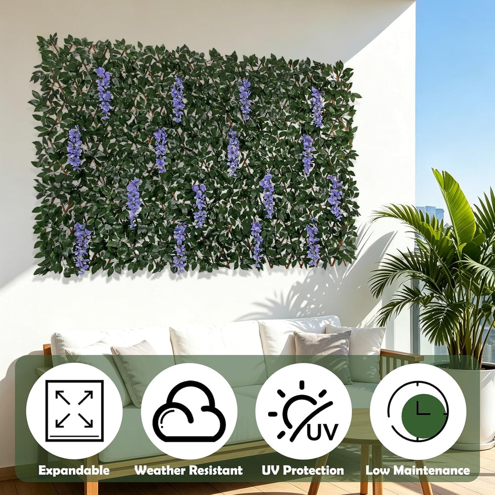 Expandable Faux Fence Privacy Screen with Flowers for Indoor Outdoor Balcony ...