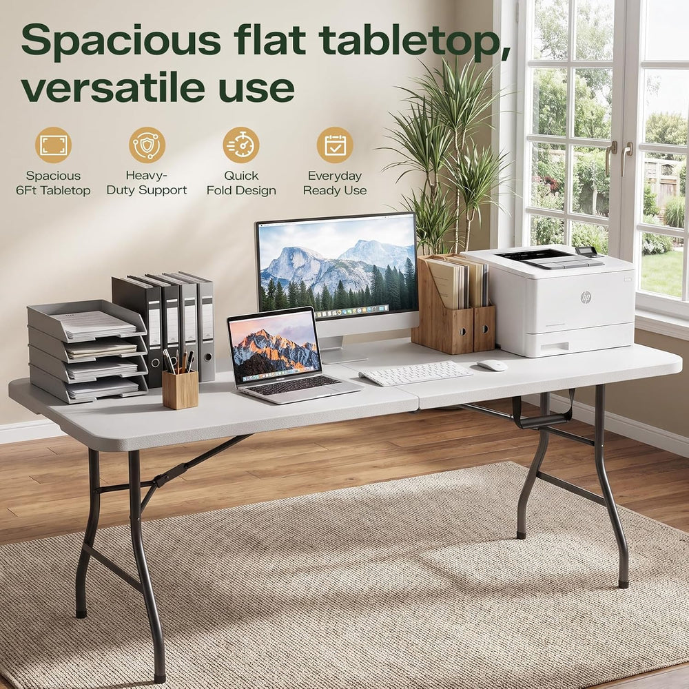 6FT Folding Table, Heavy Duty Plastic Fold-in-Half Utility Table with Handle,...