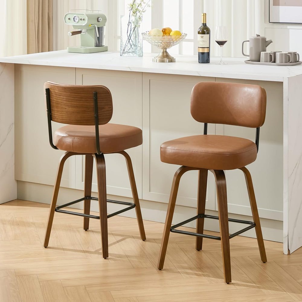 Swivel Bar Stools Set of 3, 26" Counter Height, Brown | Walnut Wood Legs...