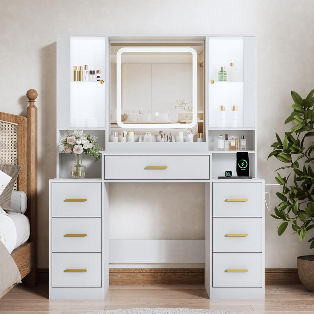 BORNOON Vanity Desk with Mirror and Lights, Makeup Vanity with 7 Drawers, 2 G...