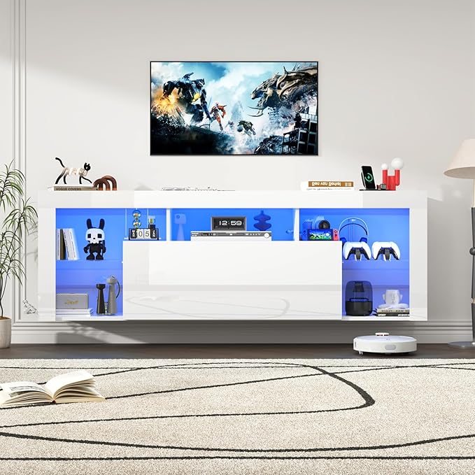 71" Floating High Gloss LED TV Stand for up to 85" TVs, Wall-Mounte...