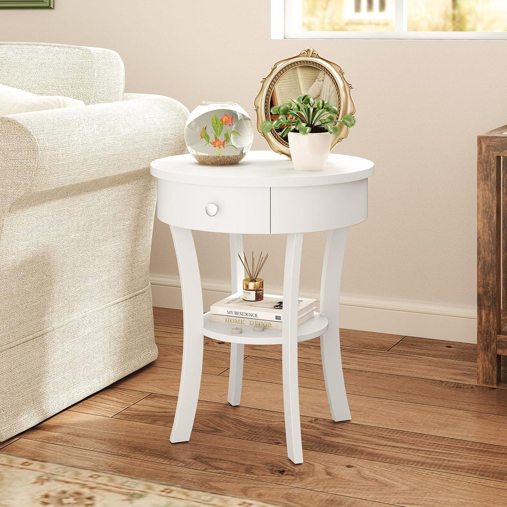 GOFLAME Round End Table with Drawer, 2-Tier Sofa Side Table with Solid Wood L...