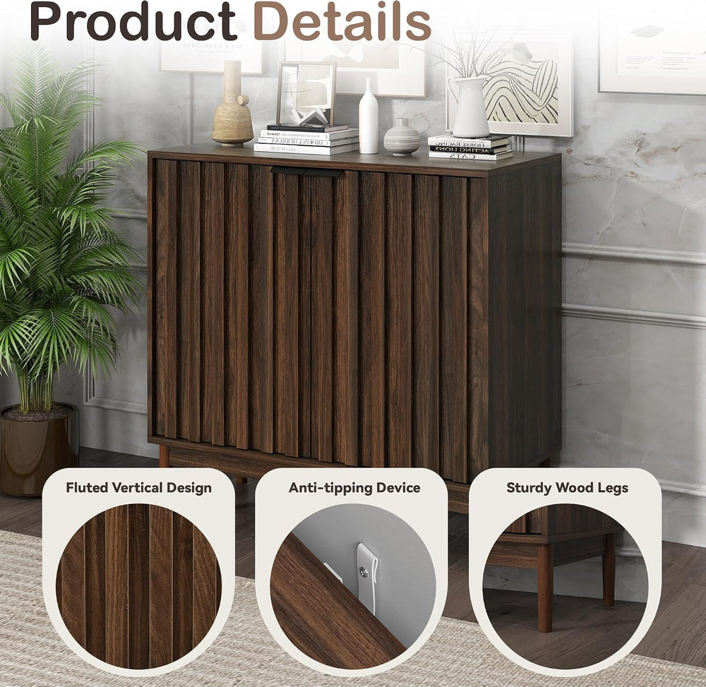 Otterease Fluted Buffet Cabinet with Storage, Small Accent Cabinets, Walnut