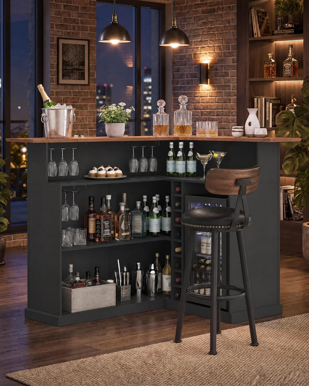 67" L Shaped Bar Cabinet with Fridge Space, Basement Bar