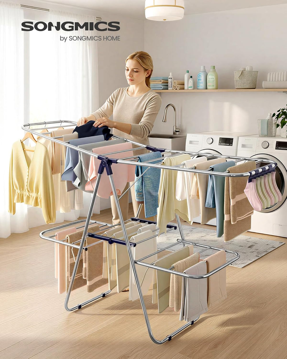 SONGMICS Clothes Drying Rack, Foldable 2-Level Laundry Drying Rack, Free-Stan...