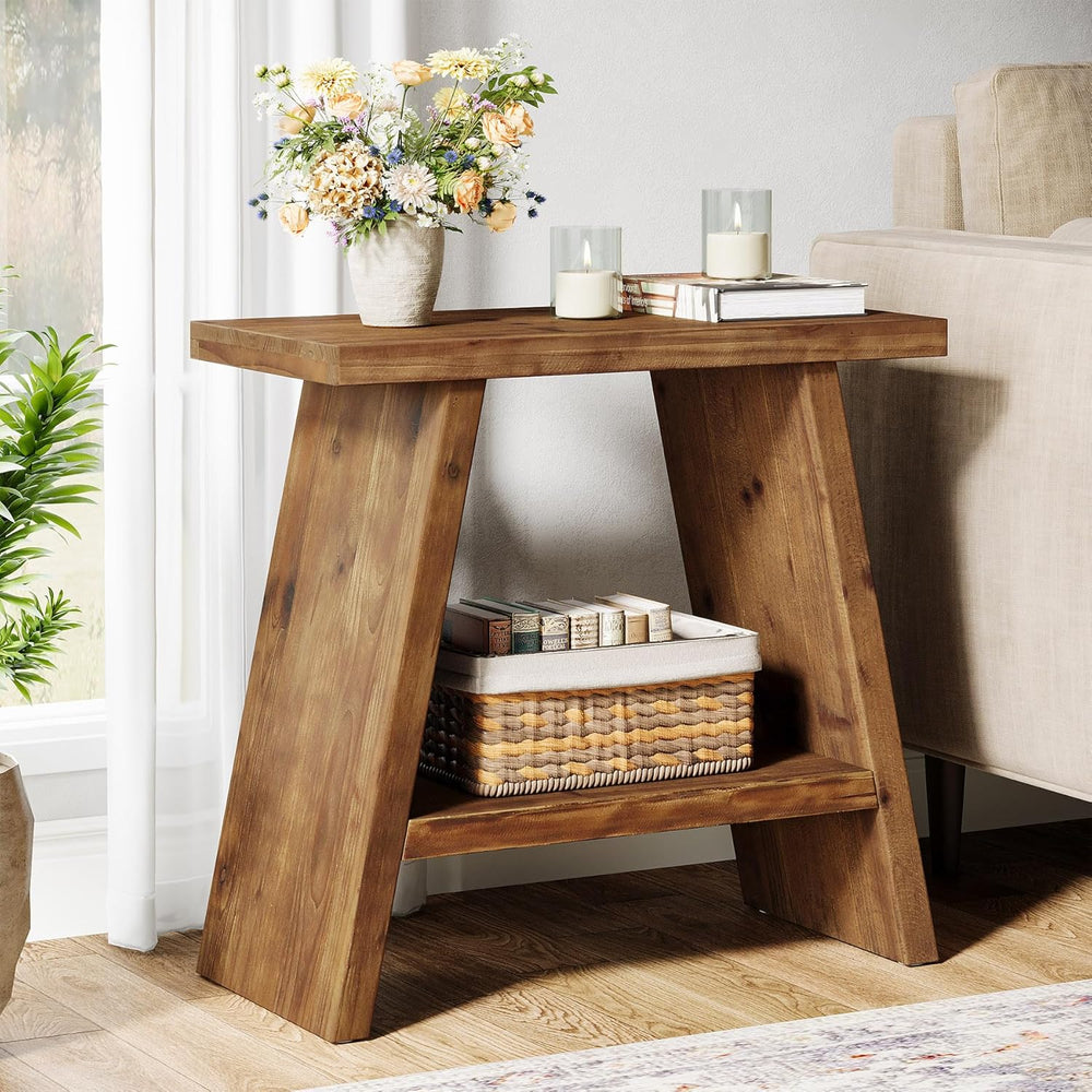 Solid Wood End Table for Living Room Set of 2, Narrow Small Side Table with 2...