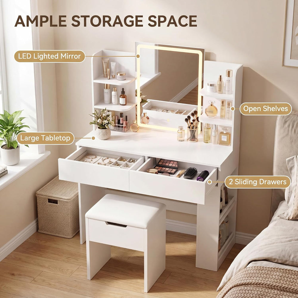 YESHOMY 35.4 Inch Vanity Desk Set with LED Mirror and Lights, Modern White | ...