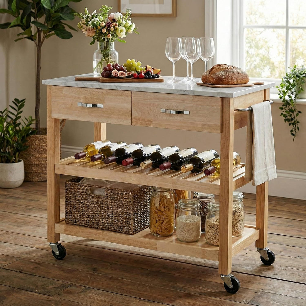 42" W Solid Wood Kitchen Island, Cultured Marble Top | 250 lbs capacity,...