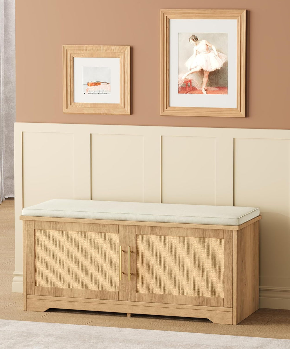 Rattan Shoe Storage Bench with Cushion, 39.4" Wide Entryway Bench with A...