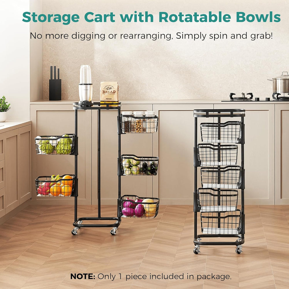 5 Tier Kitchen Fruit Vegetable Storage Cart with One-Piece Rotating Basket, P...
