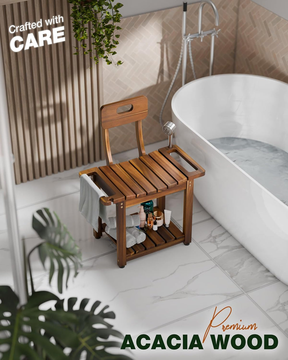 BLUEWEST 23.4 Inch Shower Chair with Backrest, 450 lb Capacity, Acacia Wood