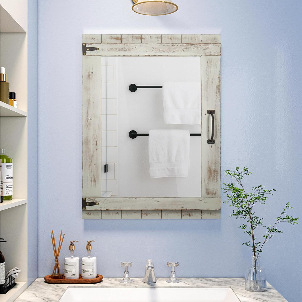 Oakrain Farmhouse Mirror, 24x32 Inch Distressed Gray Wood Frame with Black Me...