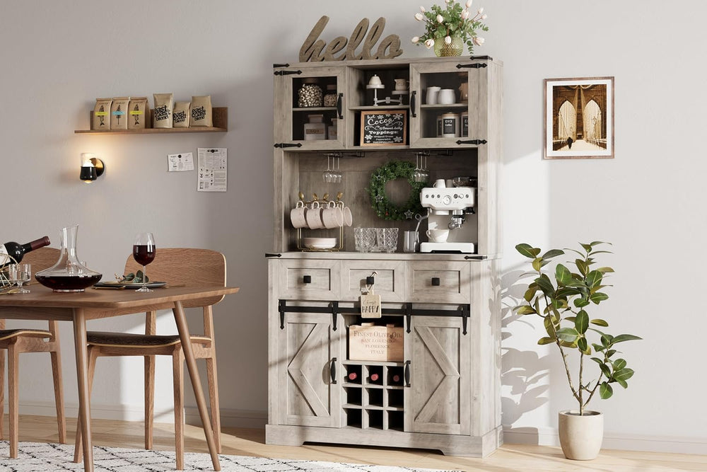 72" Kitchen Pantry Storage Cabinet with Hutch and Sliding Barn Door, Far...