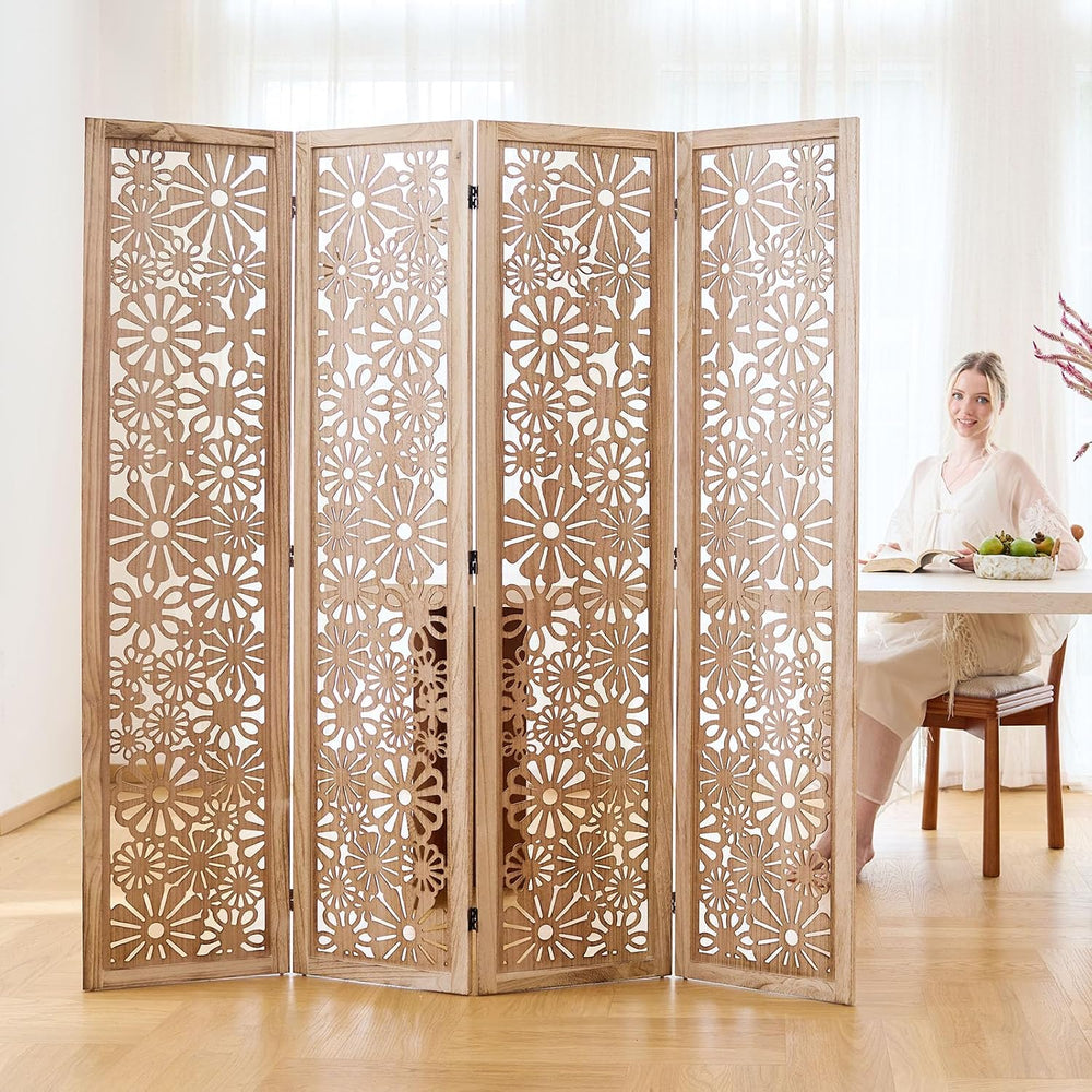 Folding Wood Room Divider Panel, 67 Inch Tall Daisy-Carved Privacy Screen - N...