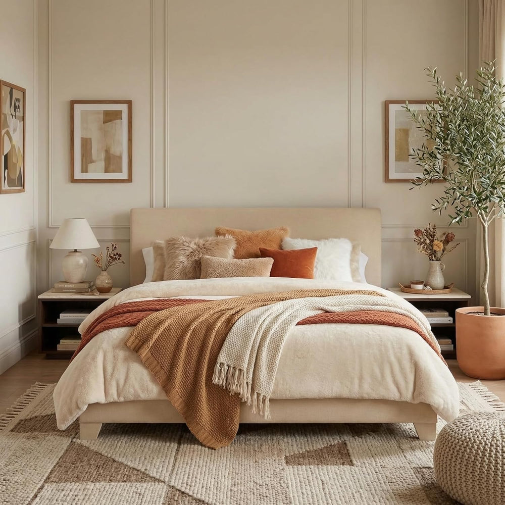 SHA CERLIN Linen Upholstered Full Size Bed Frame with Headboard, Beige