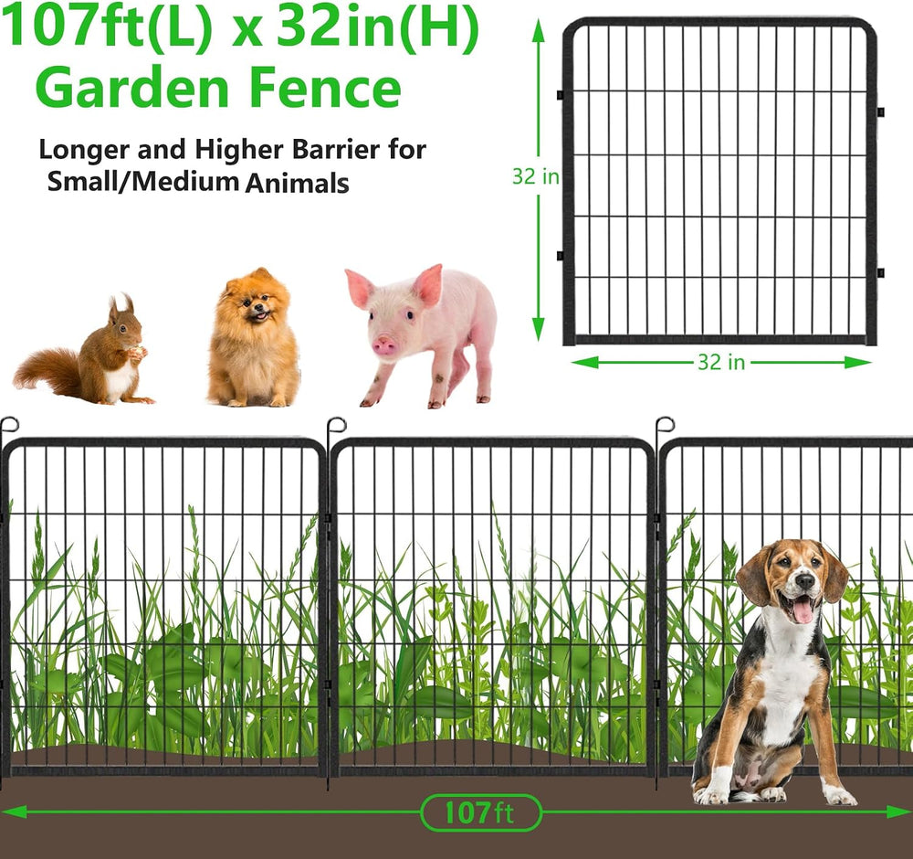 Decorative Metal Garden Fence with Gate Dog Fence Outdoor for Yard, 32in(H) x...