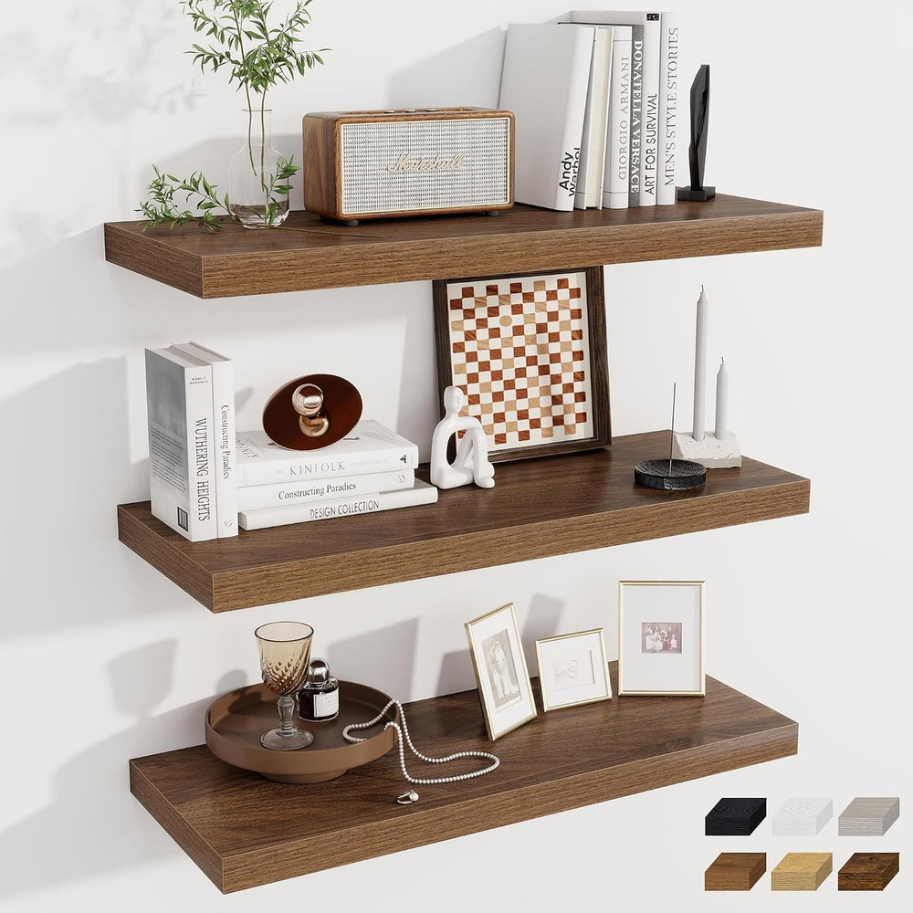 Fun Memories Deep Floating Shelves, 32W x 12D Walnut Wall Shelves, 32 Long Ru...