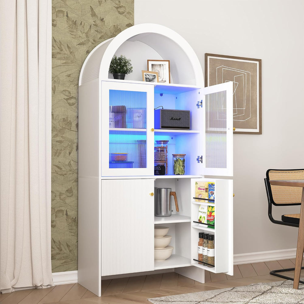 69" LED Tall Arched Kitchen Pantry Cabinet, Wood Kitchen Storage Hutch w...