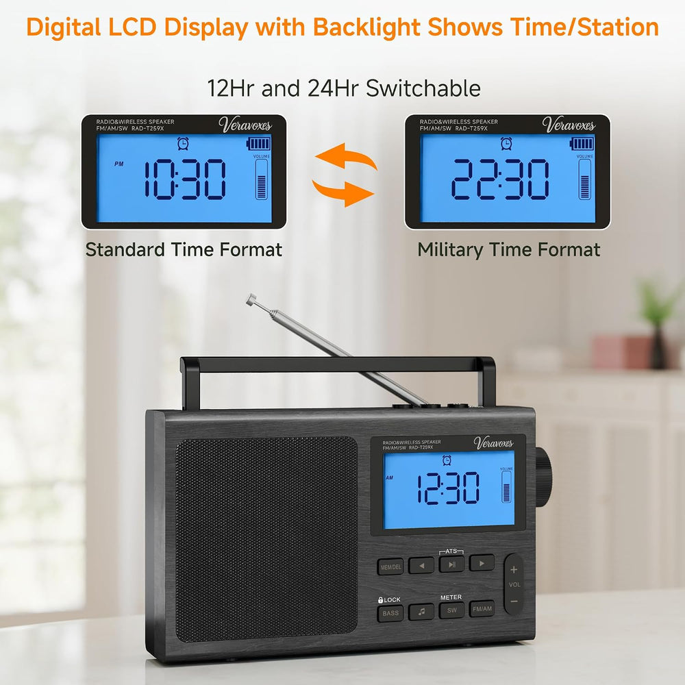 Portable Bluetooth AM FM Shortwave Radio AC & Battery Powered