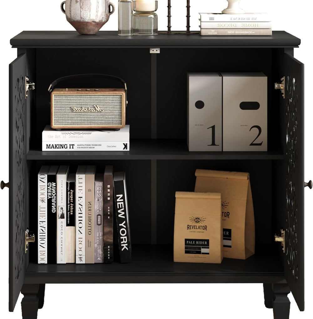Antique Black Sideboard Buffet Accent Credenza Storage Cabinet with 2 Hollow ...